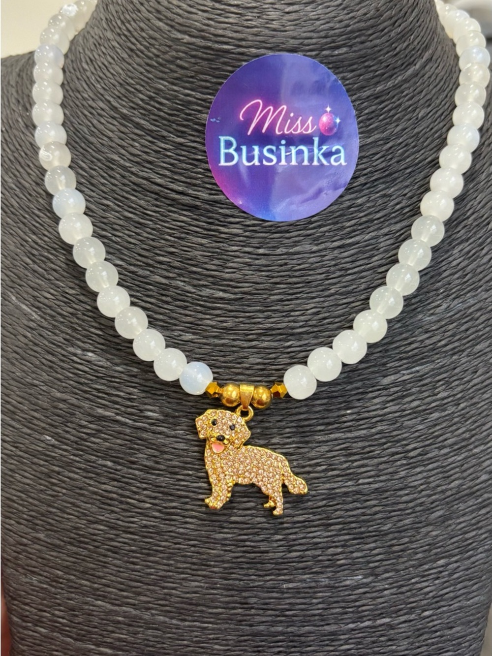White Beaded Necklace with Gold Dog Pendant